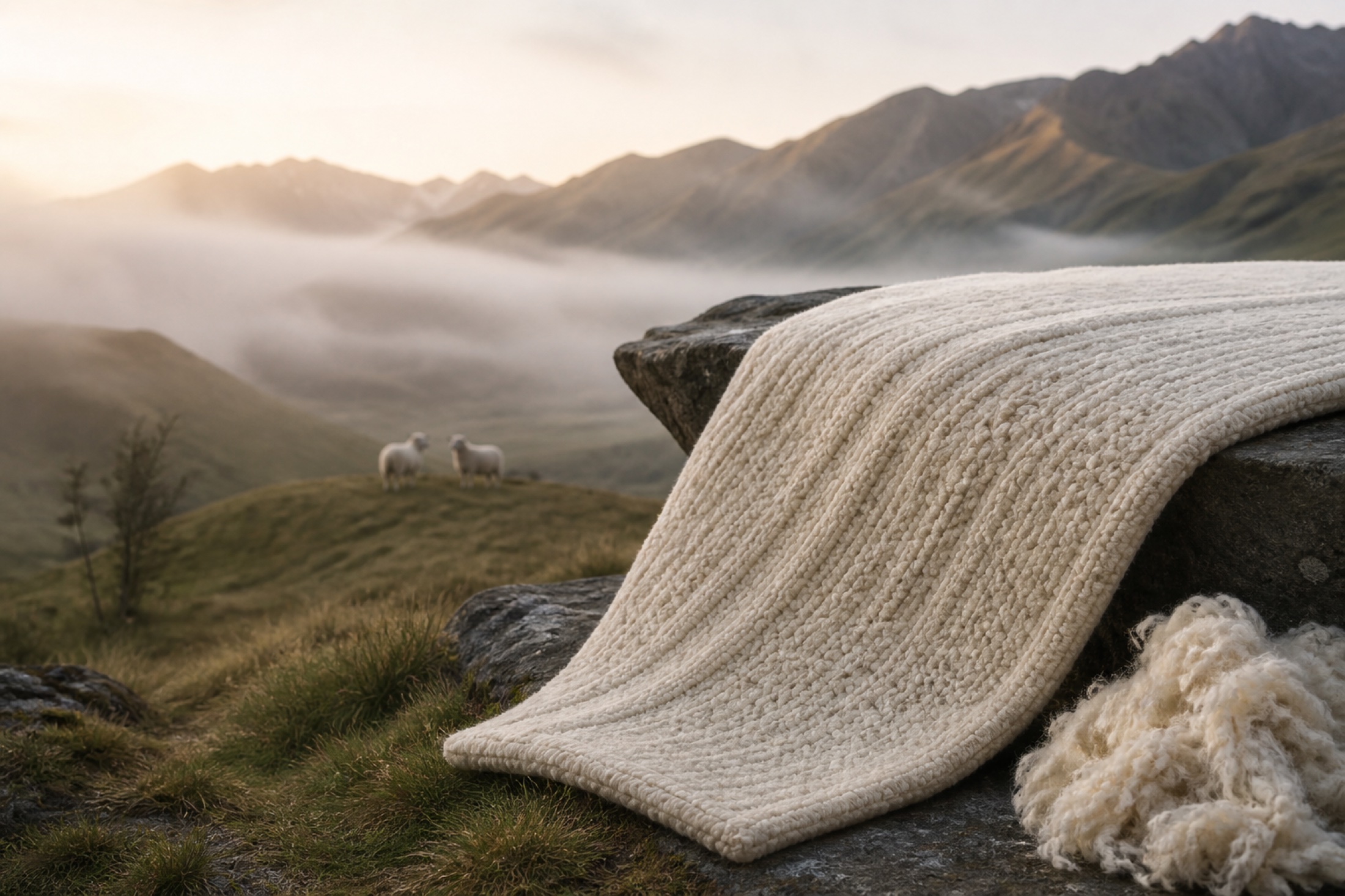 Natural wool, a textured rug and sheep in the misty New Zealand high country